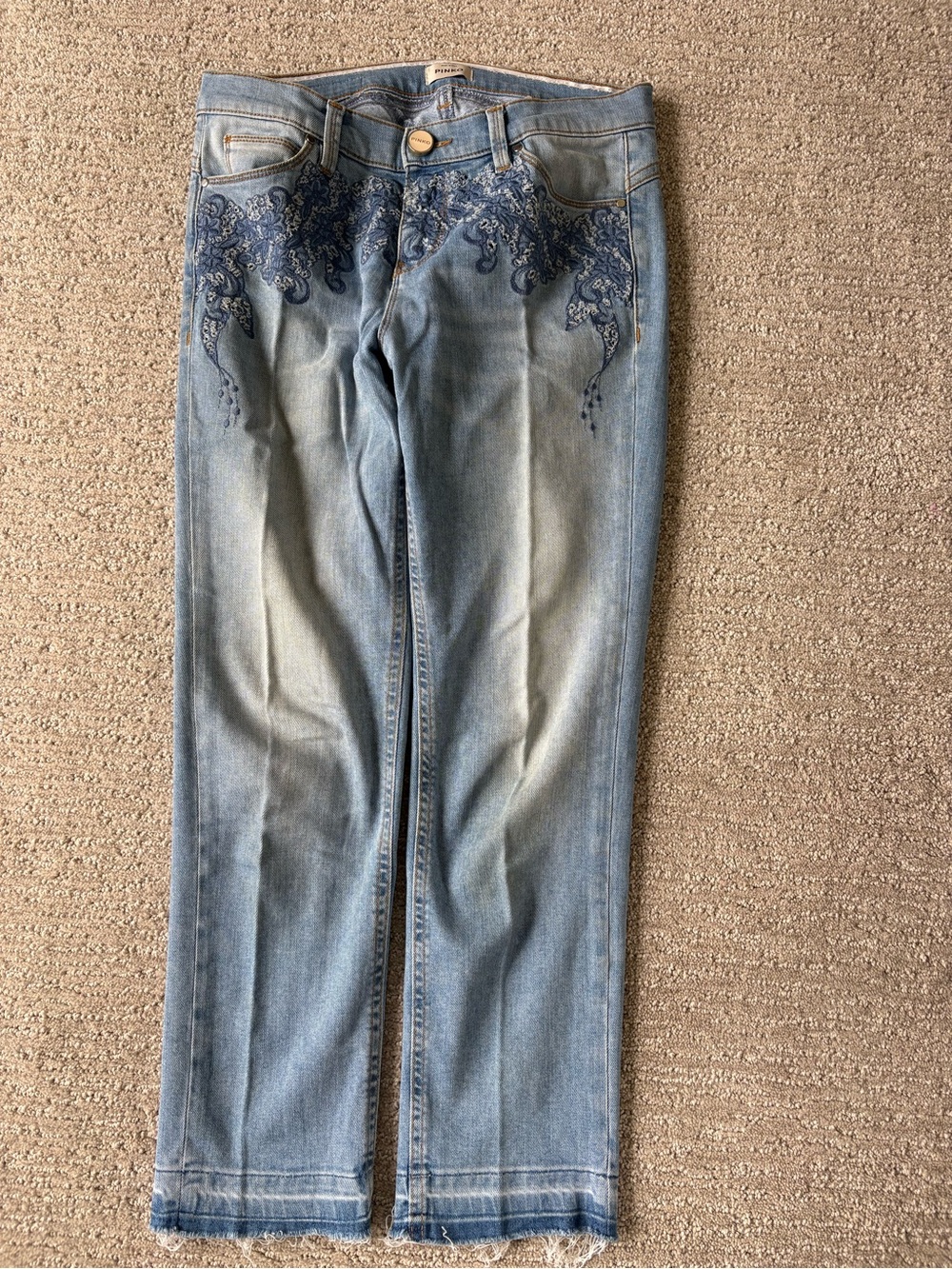 Pinko Light Blue Straight Leg Jeans with Blue Embroidery